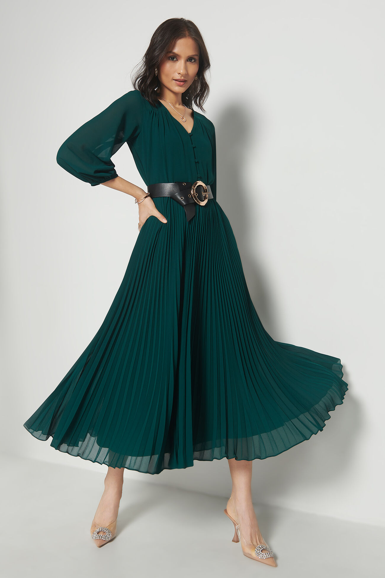 Aubergine Solid Flared Dress, Green, image 1
